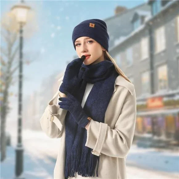 Women's Winter Warm Beanie Hat Touchscreen Gloves Long Scarf Set